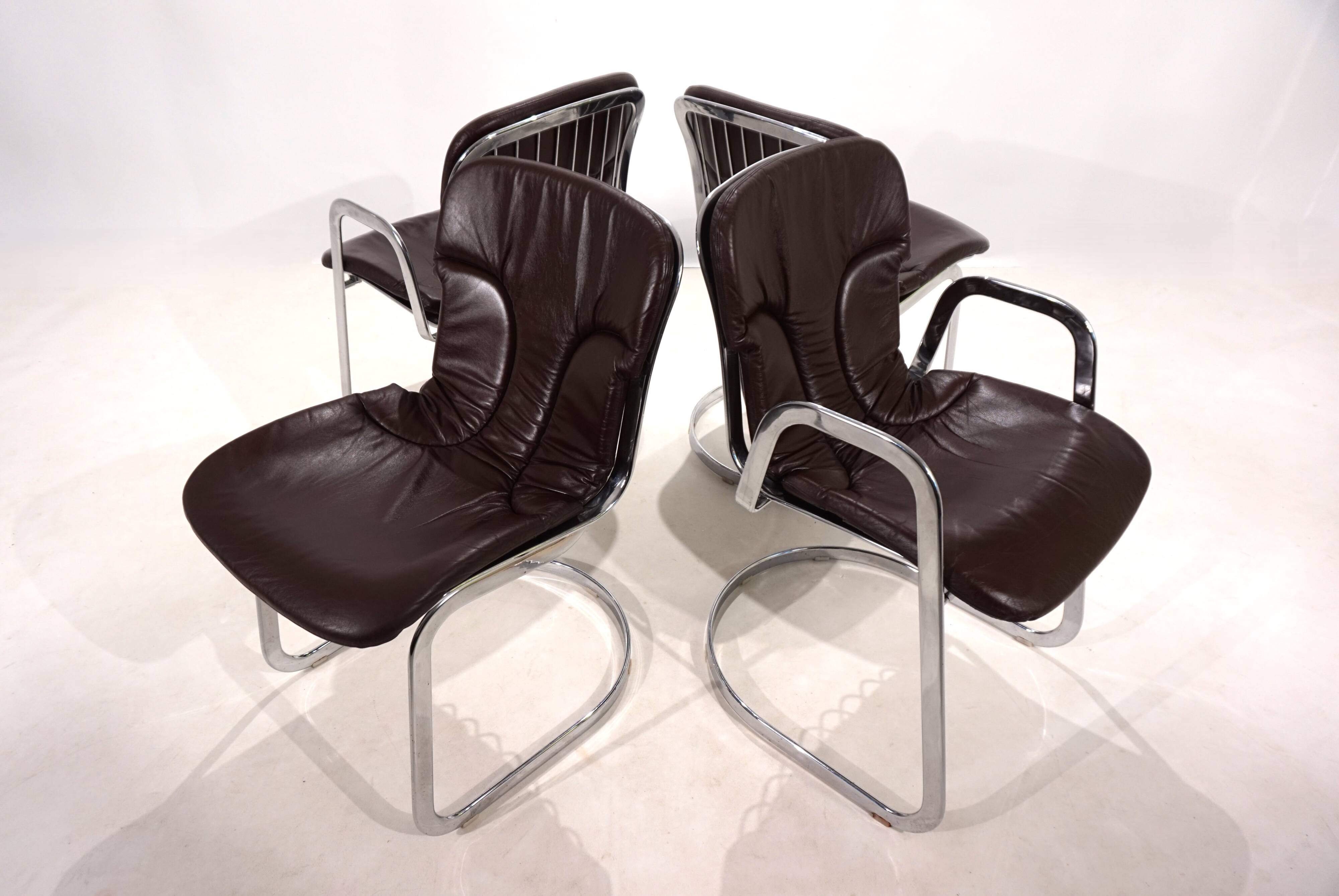 Set of four Cidue leather chrome cantilever chairs by Willy Rizzo, 1970