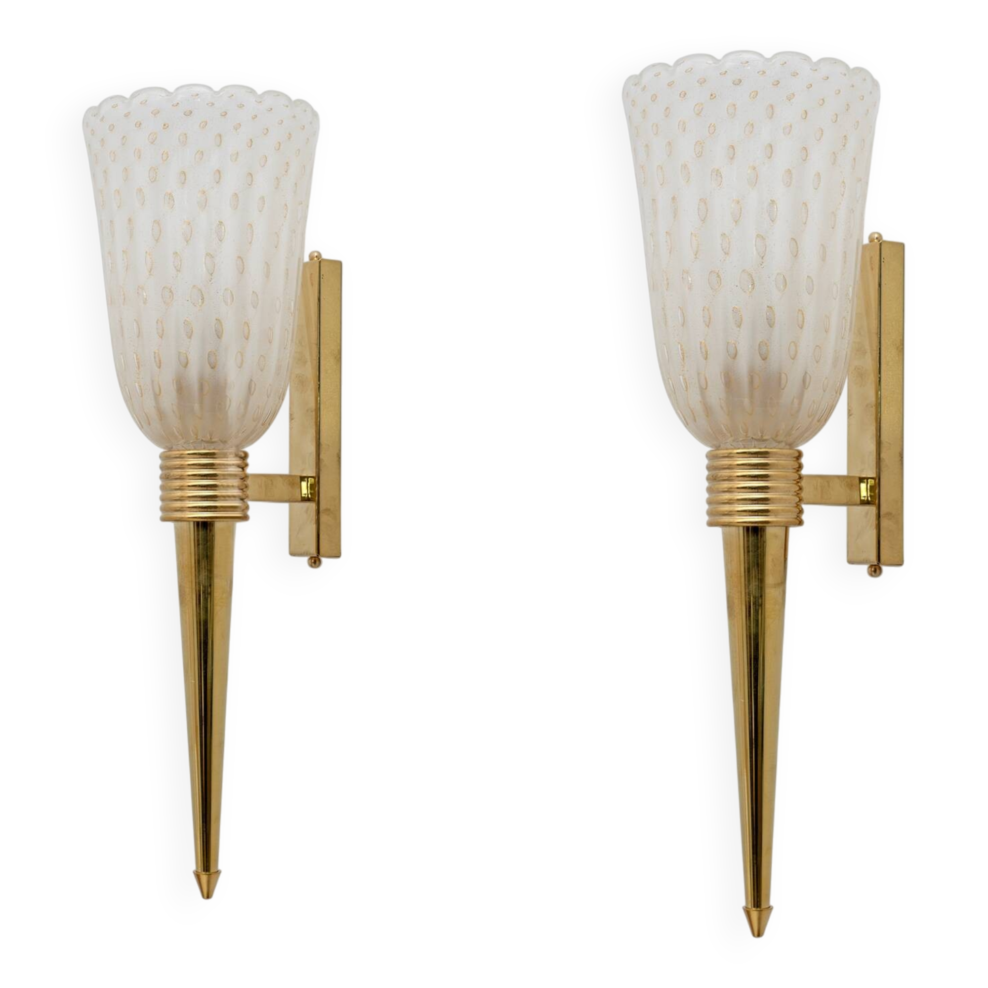 Pair of Mid-century Modern Italian Brass and Pulegoso Murano Glass Sconces