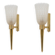 Pair of Mid-century Modern Italian Brass and Pulegoso Murano Glass Sconces