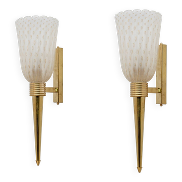 Pair of Mid-century Modern Italian Brass and Pulegoso Murano Glass Sconces