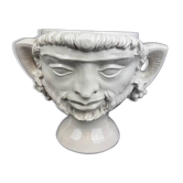 Large white earthenware flowerpot with faun heads circa 1900