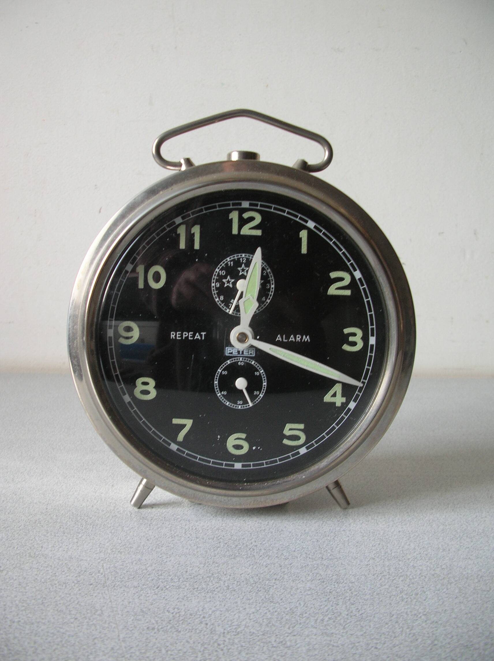 Old large mechanical alarm clock Peter Repeat Alarm chrome metal vintage retro decoration
