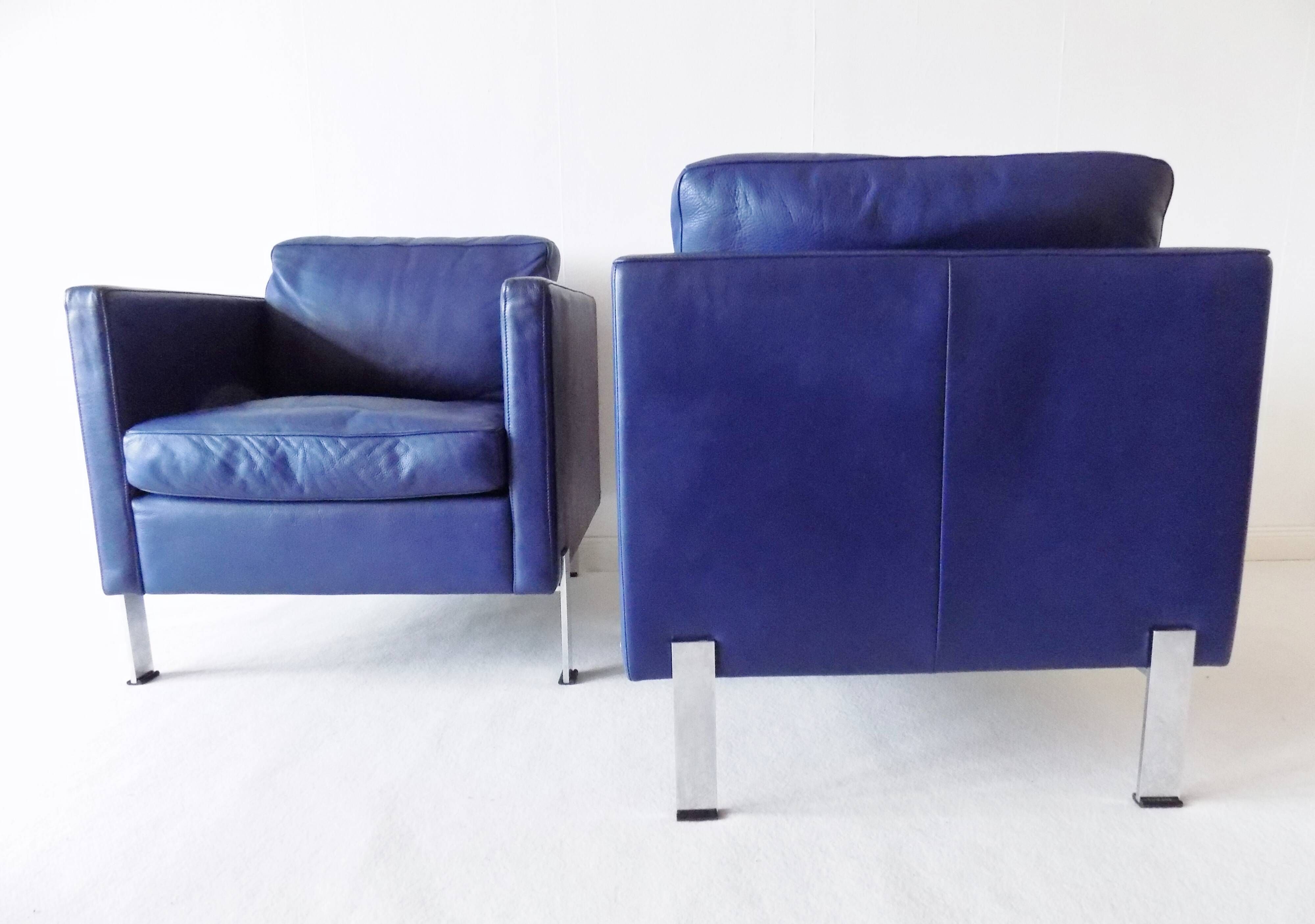 De Sede DS118 pair of blue leather club chairs