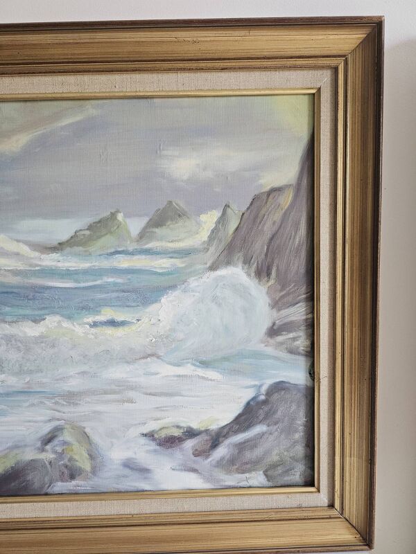 Tableau Huile sur toile - Paysage Mer (Marine) Vagues sur les rochers signé