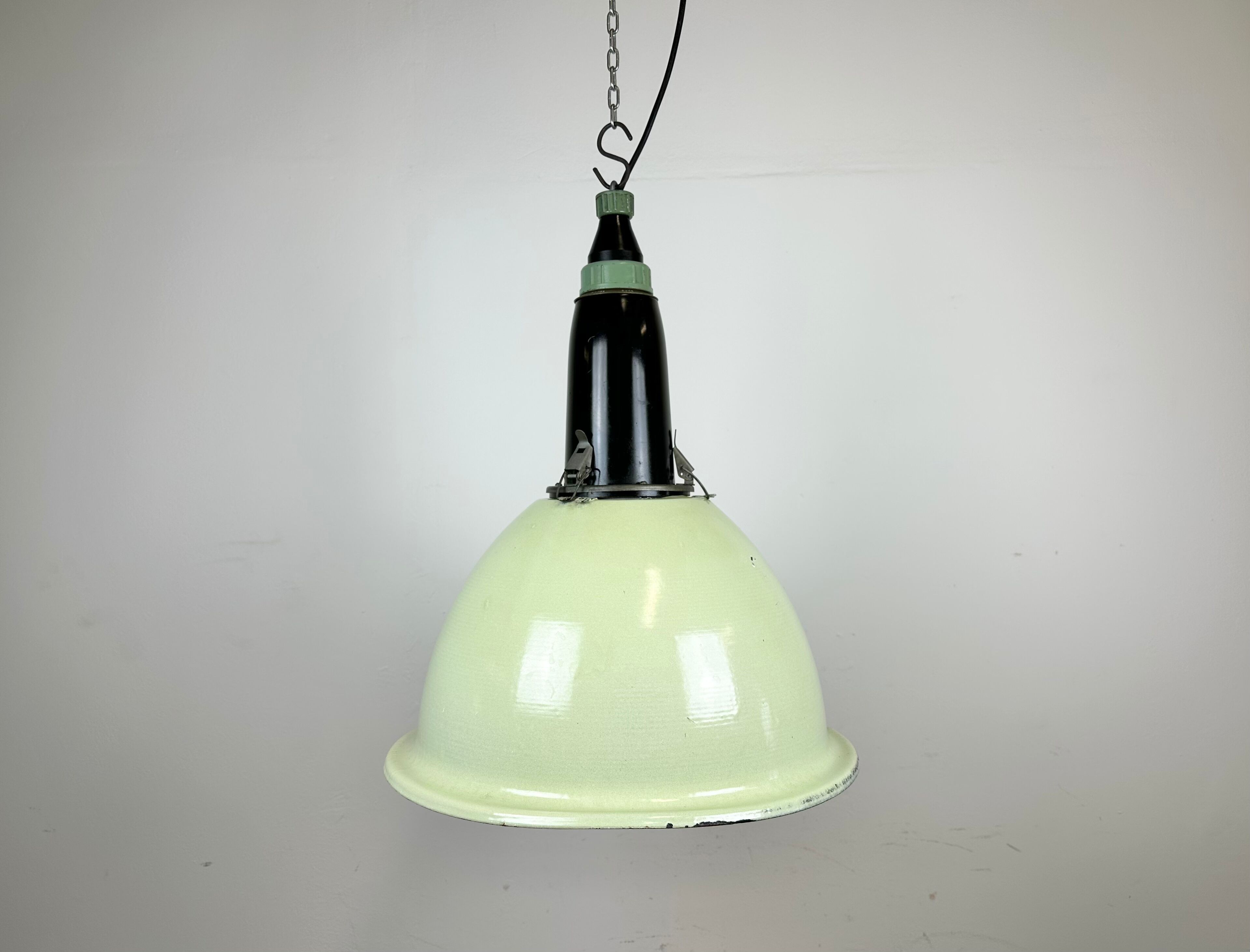 Industrial soviet light green enamel pendant lamp, 1960s