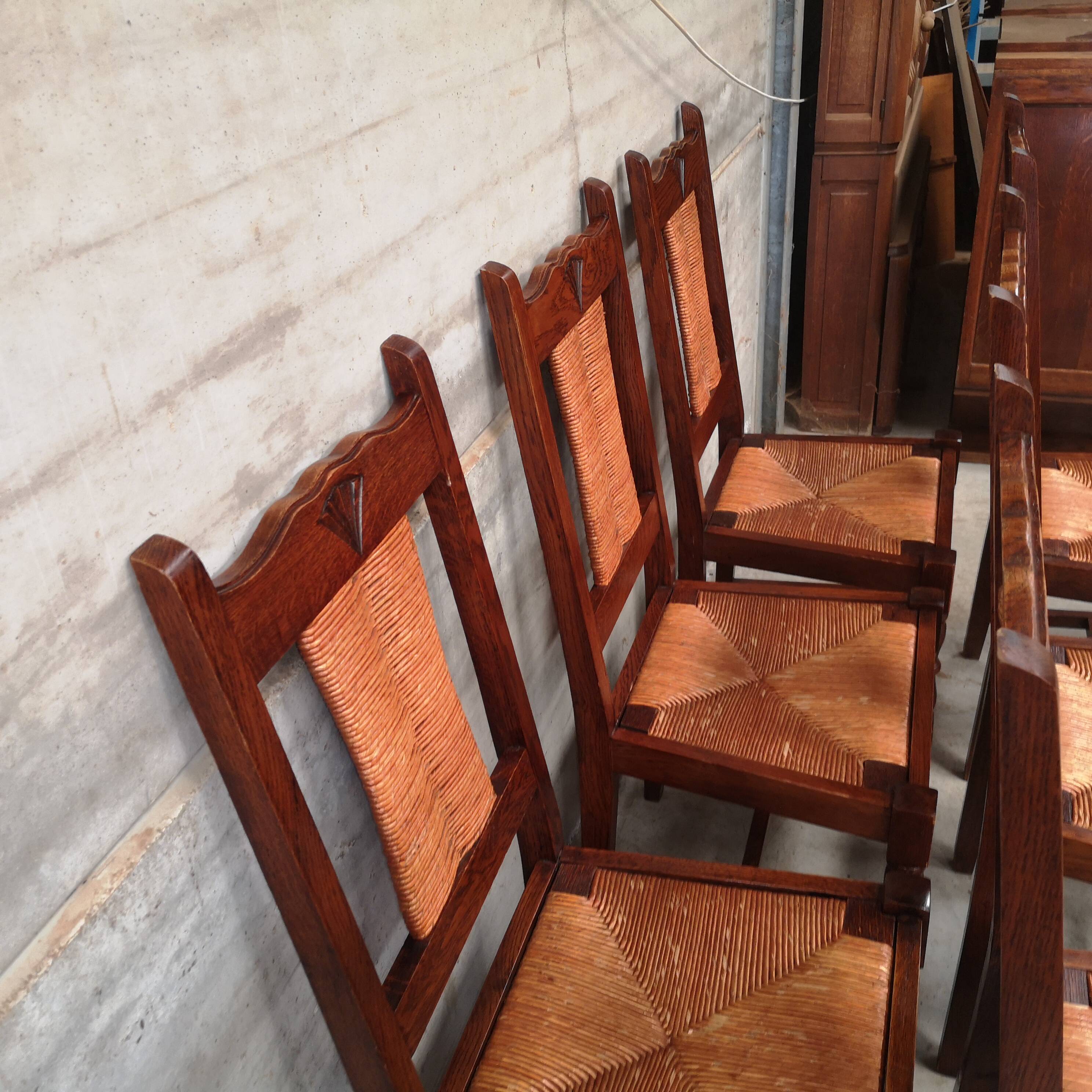 Set of 6 Brutalist Dudouyt / Courtray chairs in oak and straw 1940
