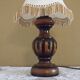 French Mid Century Round Turned Wood Table Lamp Cream Fringed Shade 5573