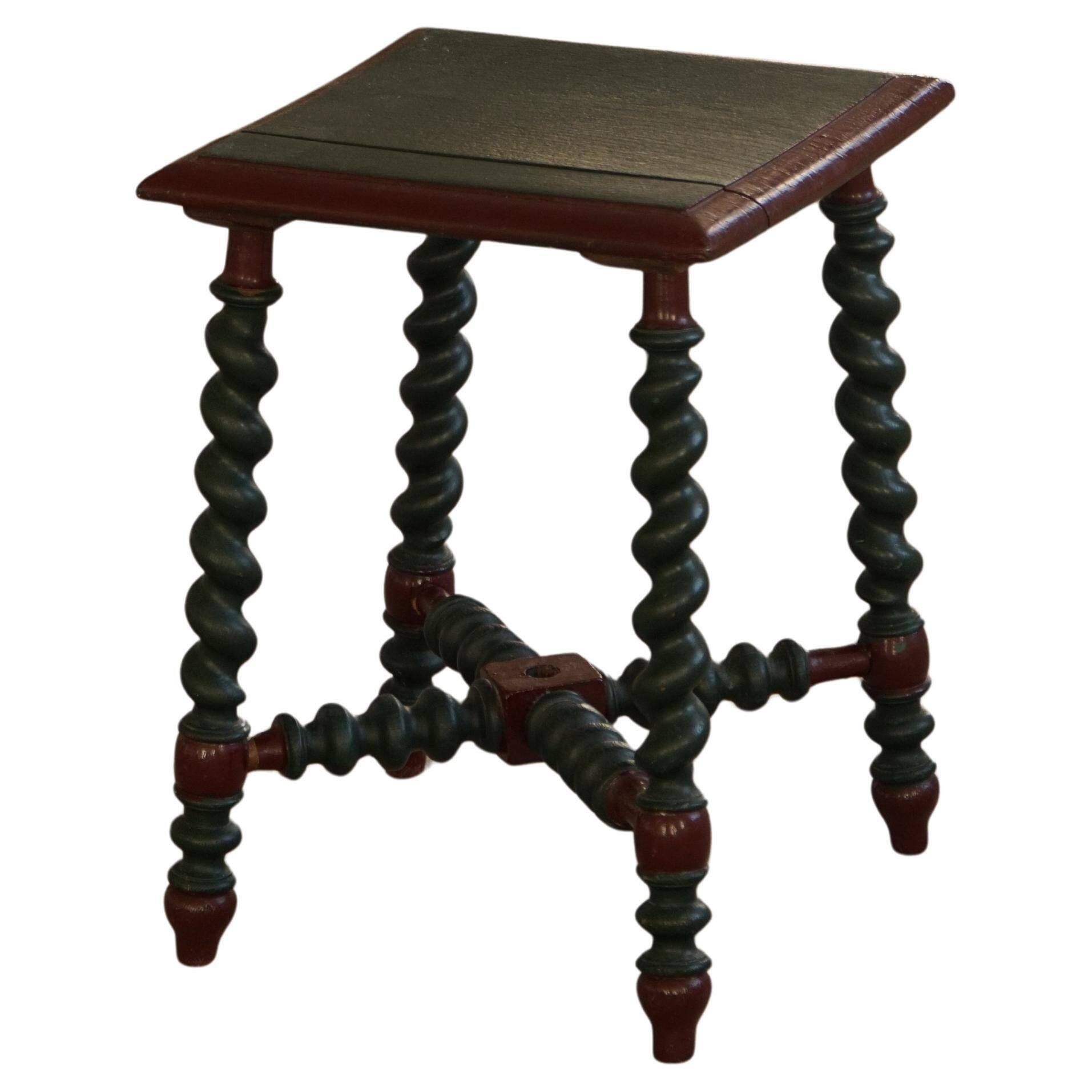 Vintage Scandinavian Stool Painted in Dark Green and Dark Red Wood, Folk Style, 1940s