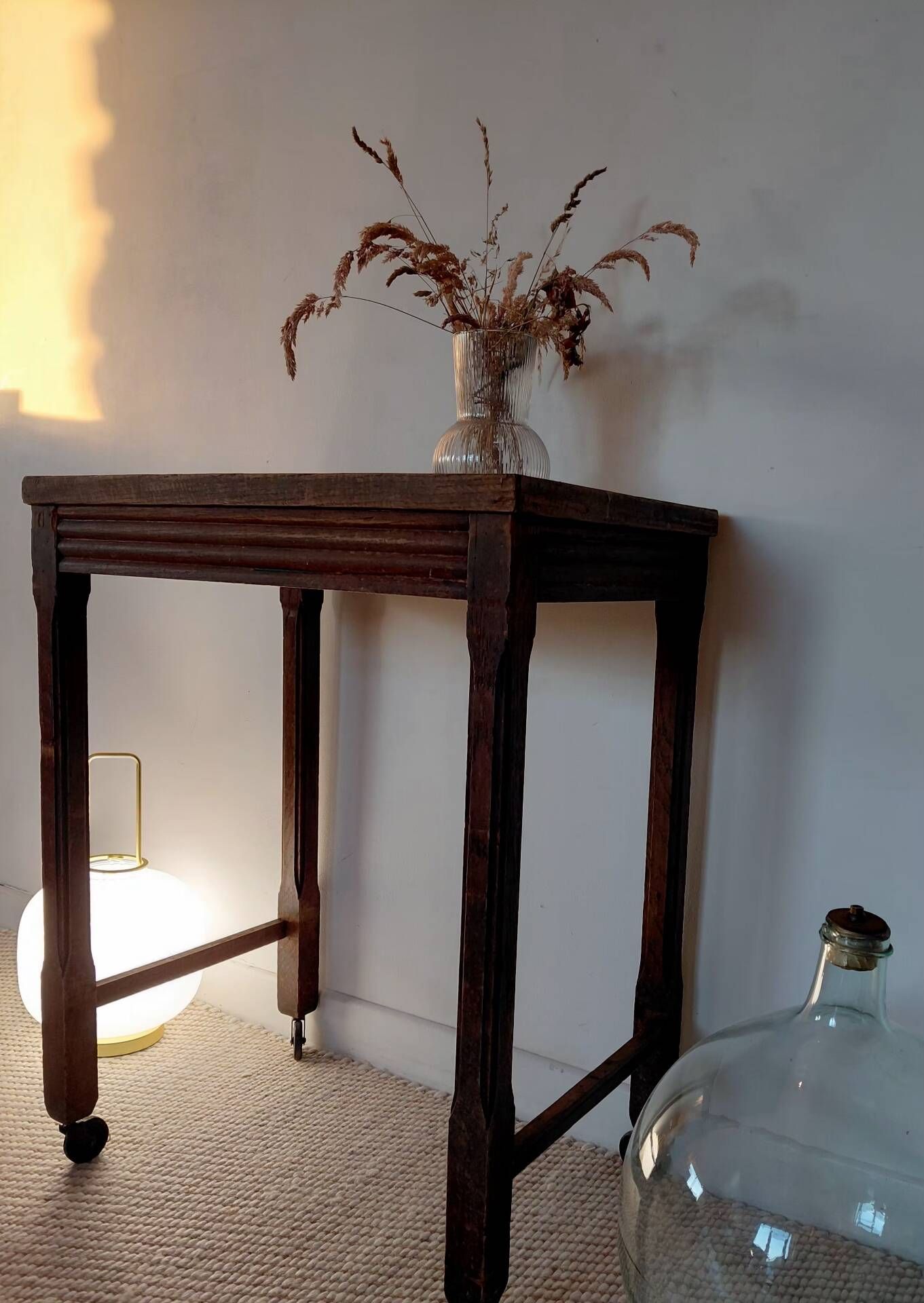 Vintage wooden wheeled side table/console.