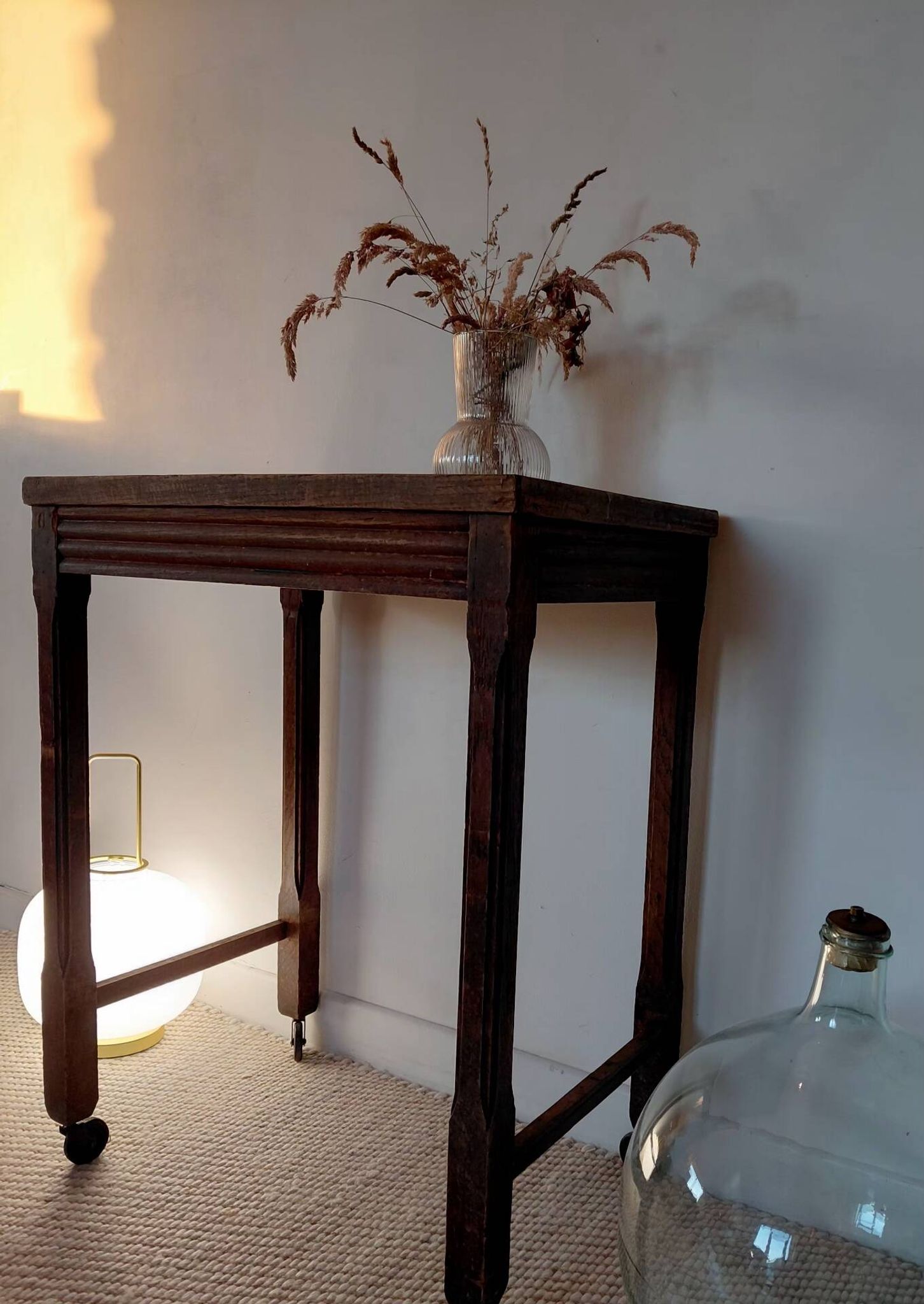 Vintage wooden wheeled side table/console