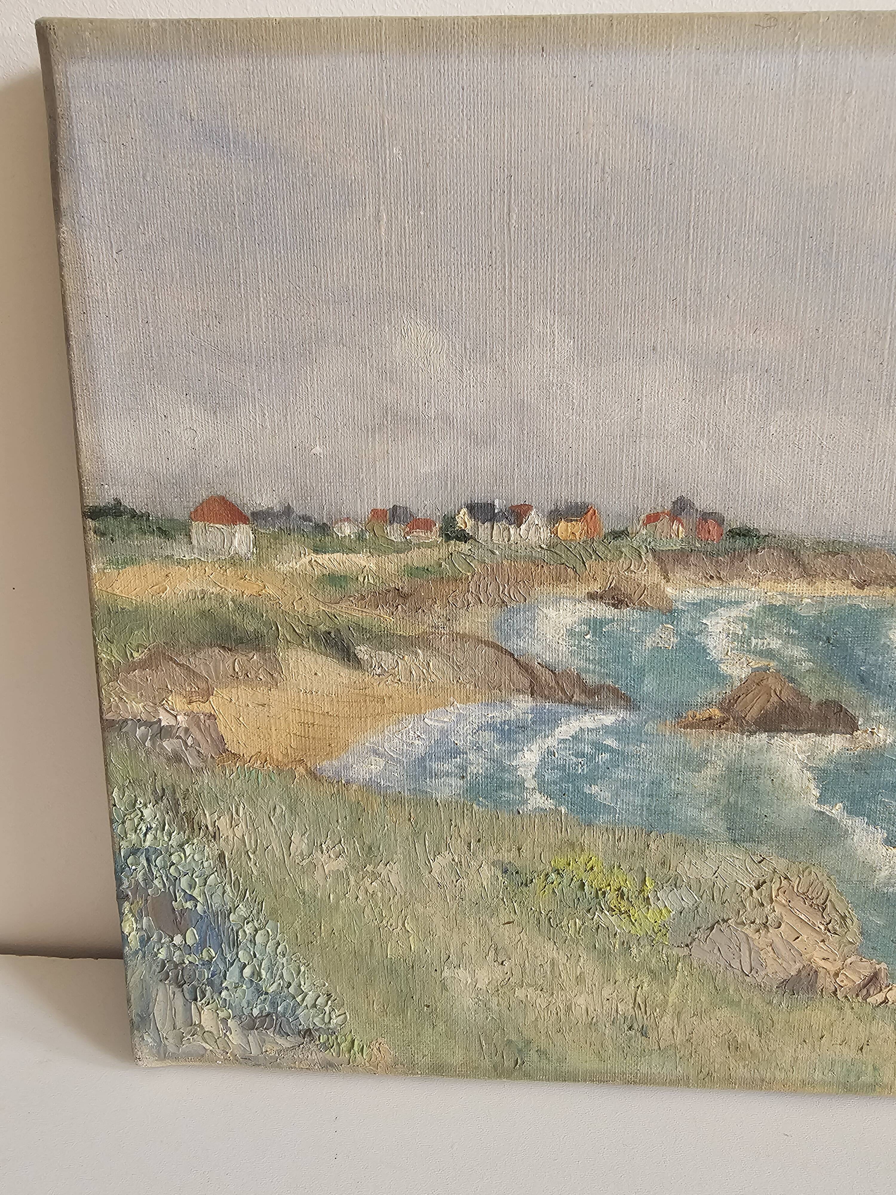 Tableau Oil on canvas - Atlantic coast landscape Cliffs signed Jouannea