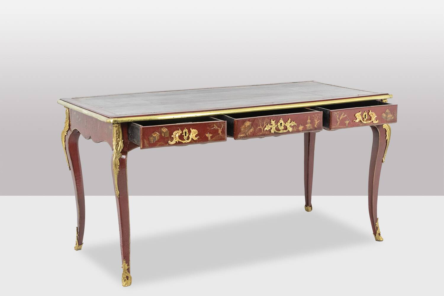 Louis XV style bureau plat with lake scene decoration. Circa 1850.