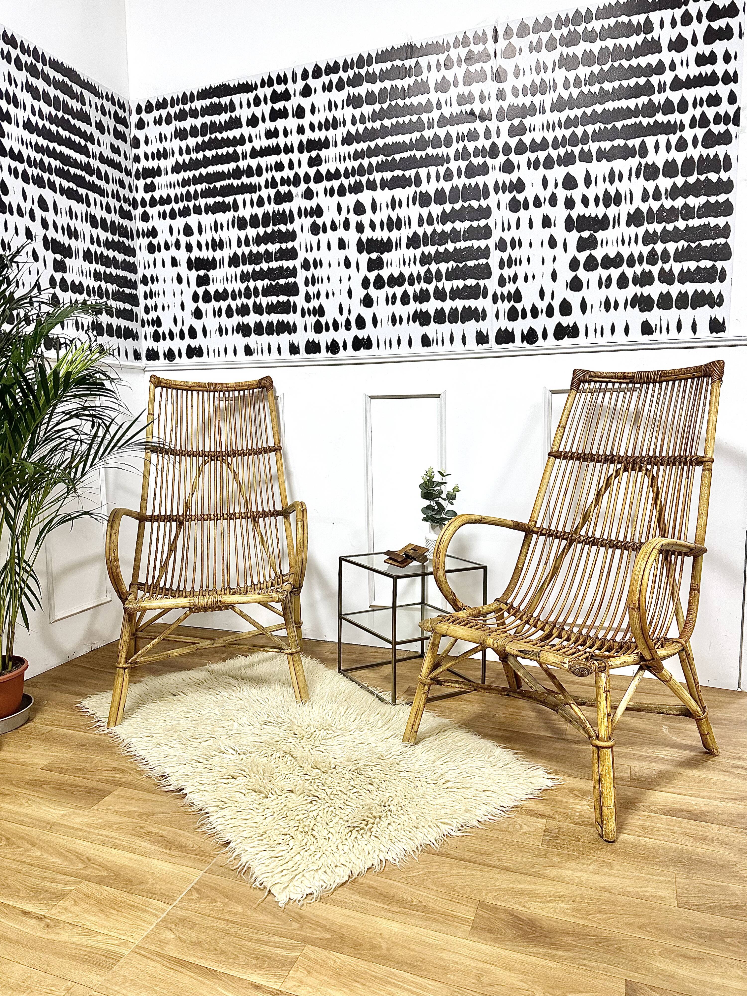 Pair vintage rattan armchairs