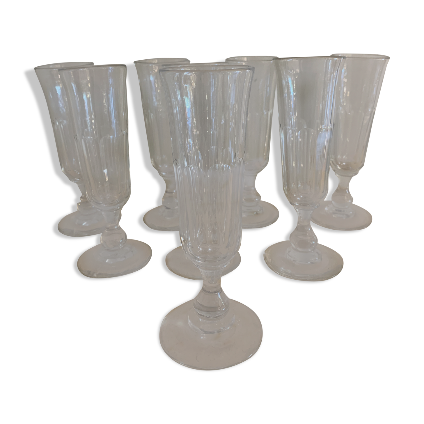 8 antique glass champagne flutes