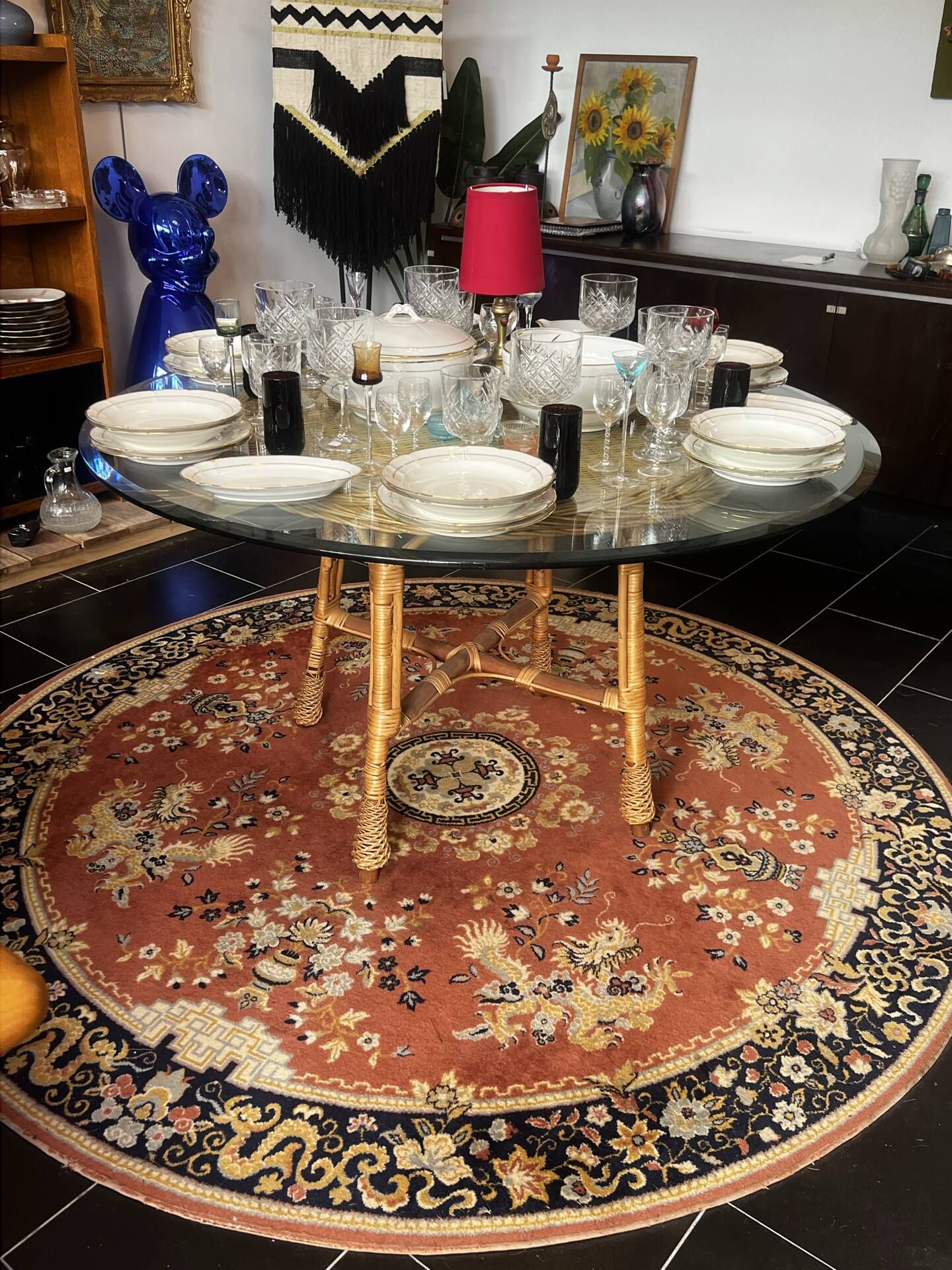 Dining table rattan/wicker/glass 1960 - vintage chic