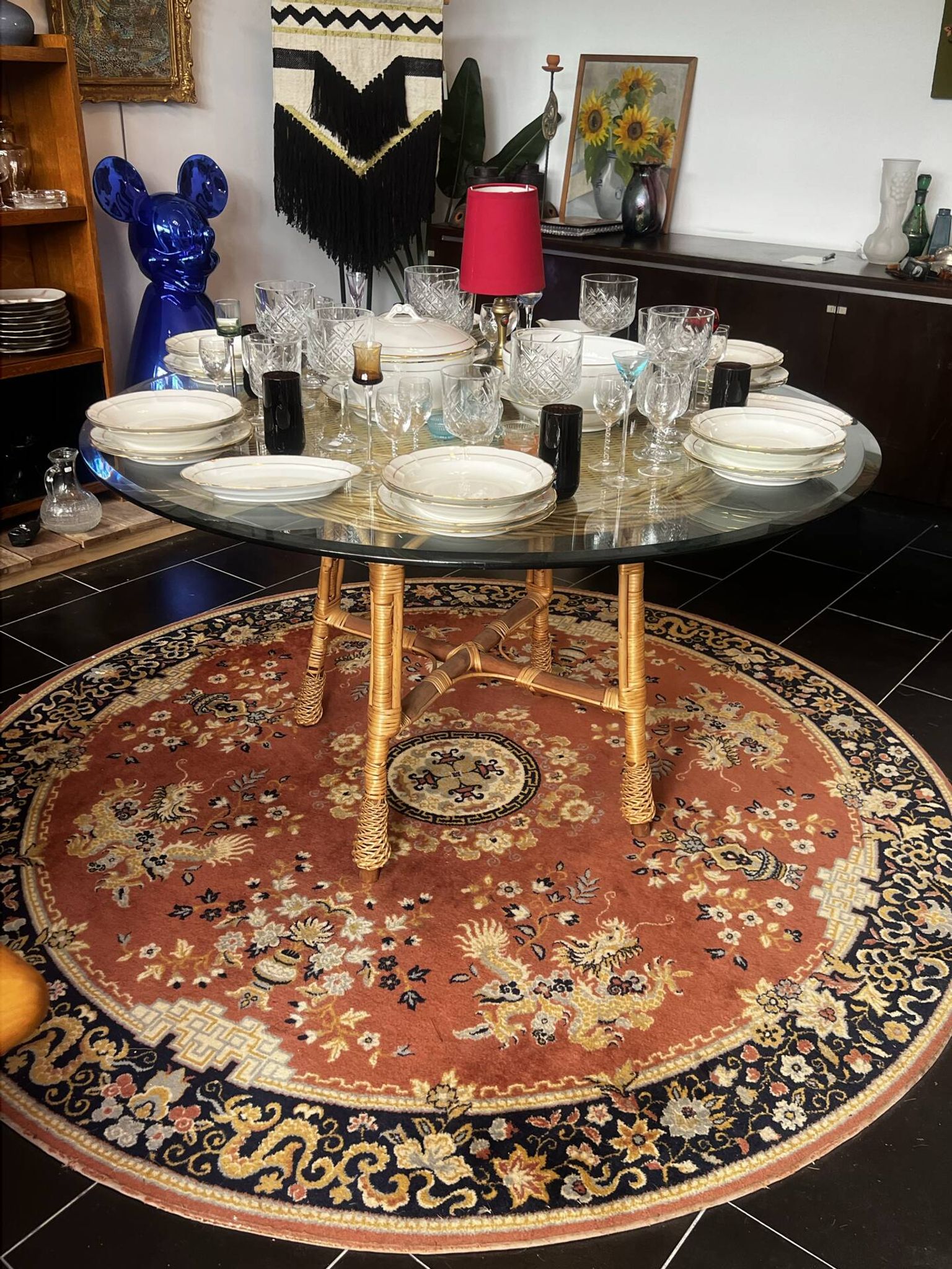 Dining table in rattan, wicker and glass 1960