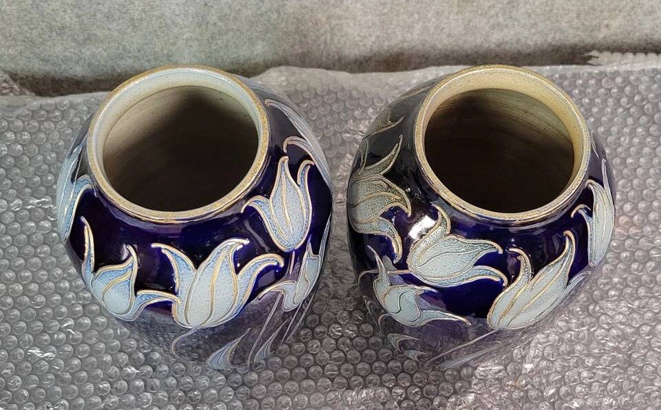 Alsace stoneware: pair of tulip vases signed Hubert Krumeich-Remmy