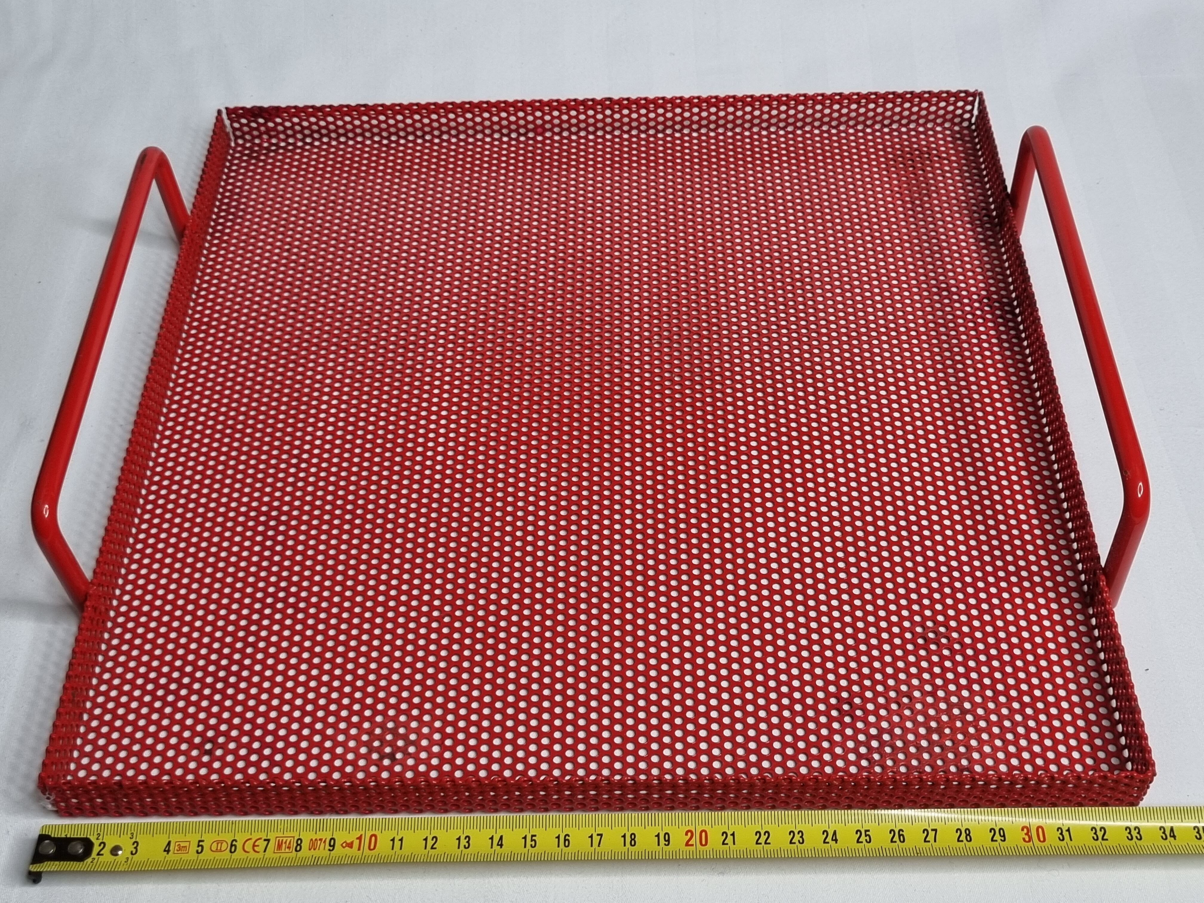Presentation tray in red lacquered perforated metal, 80s