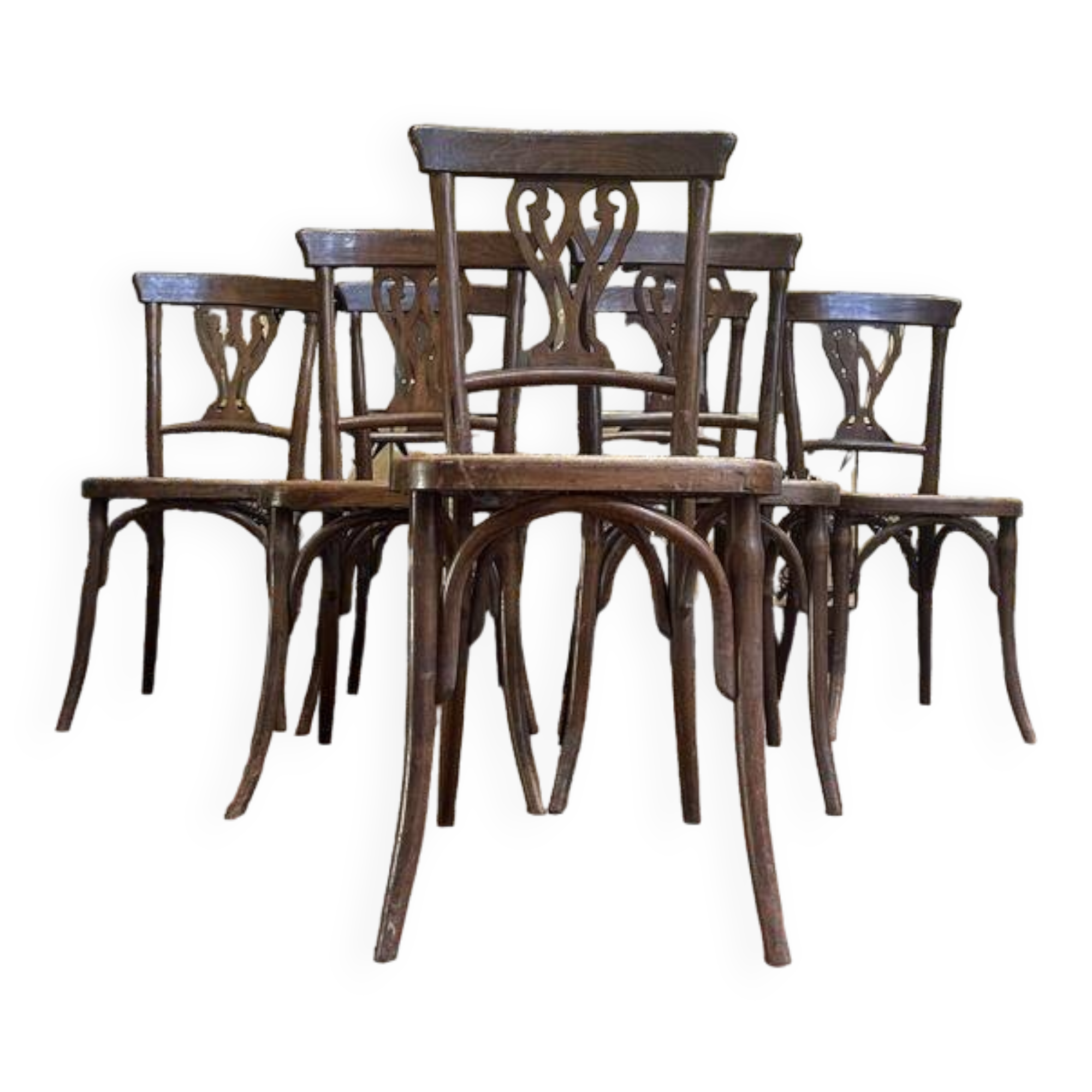 Set of 7 Baumann / Thonet / Fischel caned bistro chairs