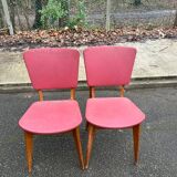 2 chaises scandinaves bois massif et cuir bordeaux 1970