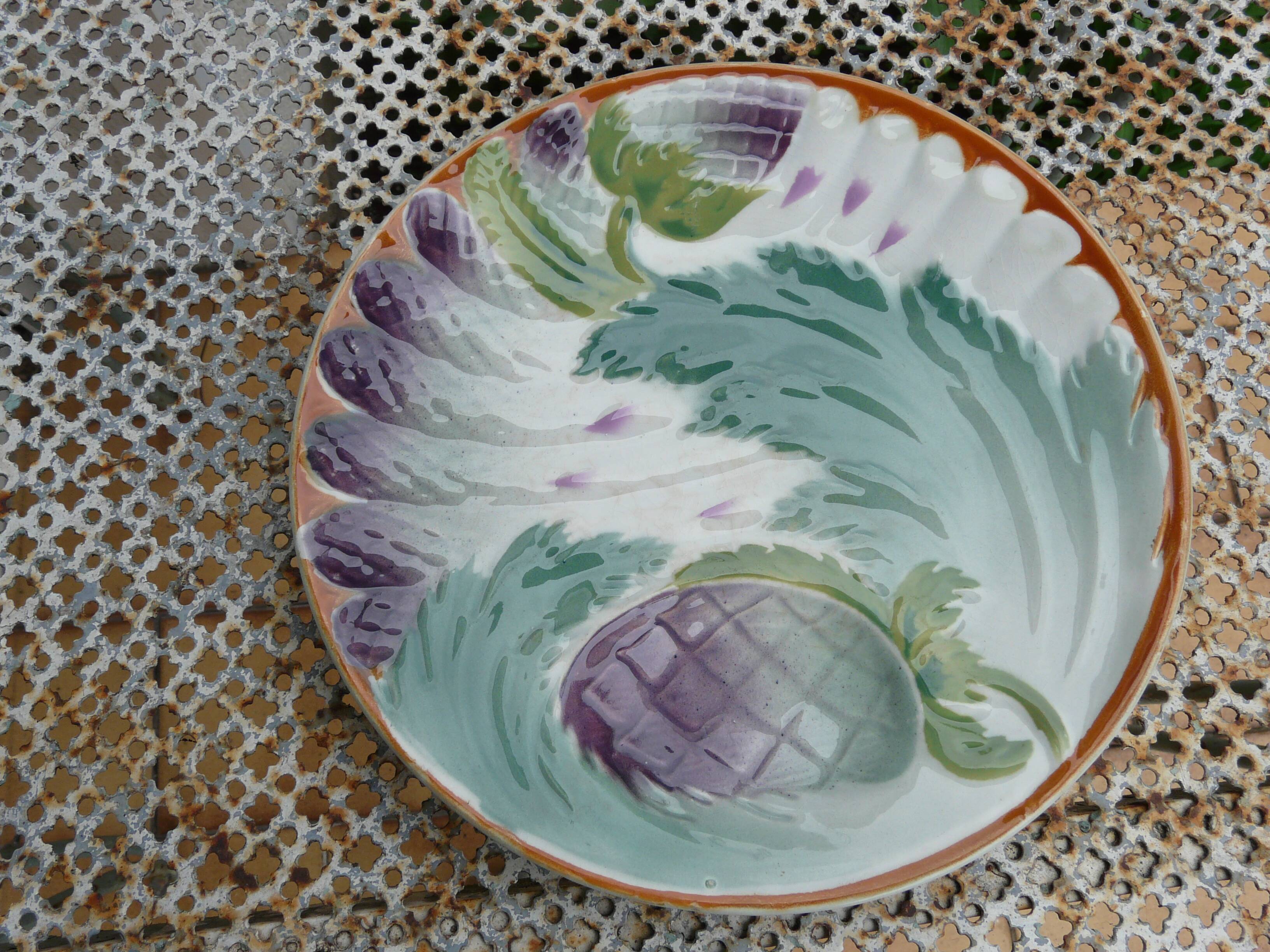 6 Antique plates in Saint Amand slip, ironstone, asparagus