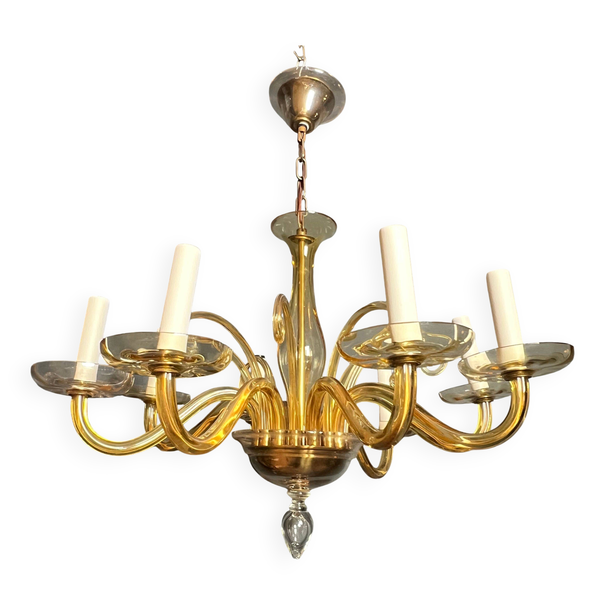 Orange Murano crystal chandelier with 8 light arms. Italian work. Circa 1970.