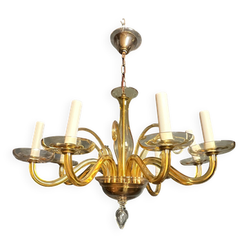 Orange Murano crystal chandelier with 8 light arms. Italian work. Circa 1970.