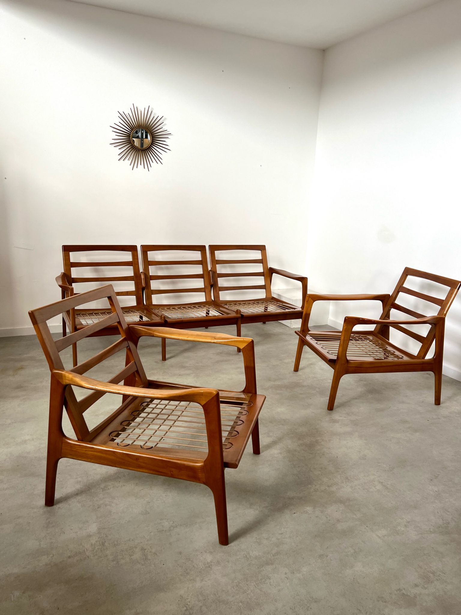 Lot armchairs and sofa 60 years Scandinavian design in vintage blond teak