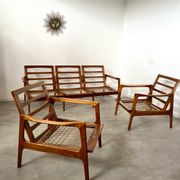 Lot armchairs and sofa 60 years Scandinavian design in vintage blond teak