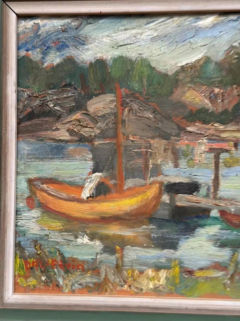 Oil on Swedish Panel - "Dock" by Dal-Edvin - Signed - Vintage and Framed - 31 × 30 cm (12.2 in × 11.8 in)