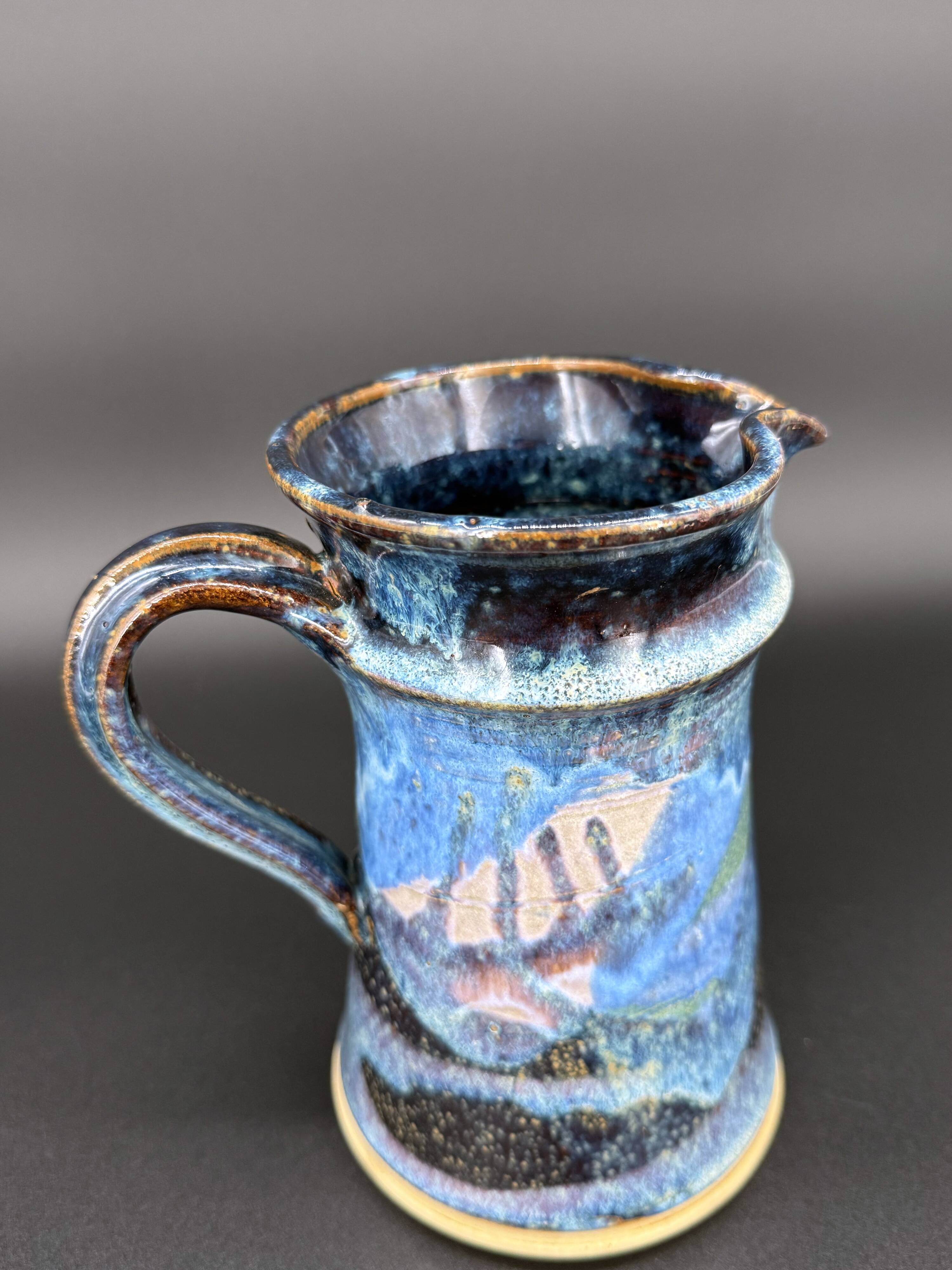 Blue foam glazed stoneware pitcher—Signed art ceramic