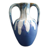 Blue and ocher enamelled stoneware vase with amphora-style handles