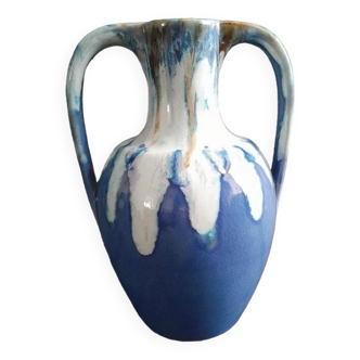 Blue and ocher enamelled stoneware vase with amphora-style handles