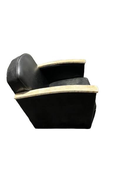 Pair of leather armchairs with marquetry armrests