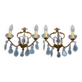 Gilt Bronze French Antique wall Sconces: Crystal Drops, Twin Arms, C1940s