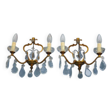 Gilt Bronze French Antique wall Sconces: Crystal Drops, Twin Arms, C1940s