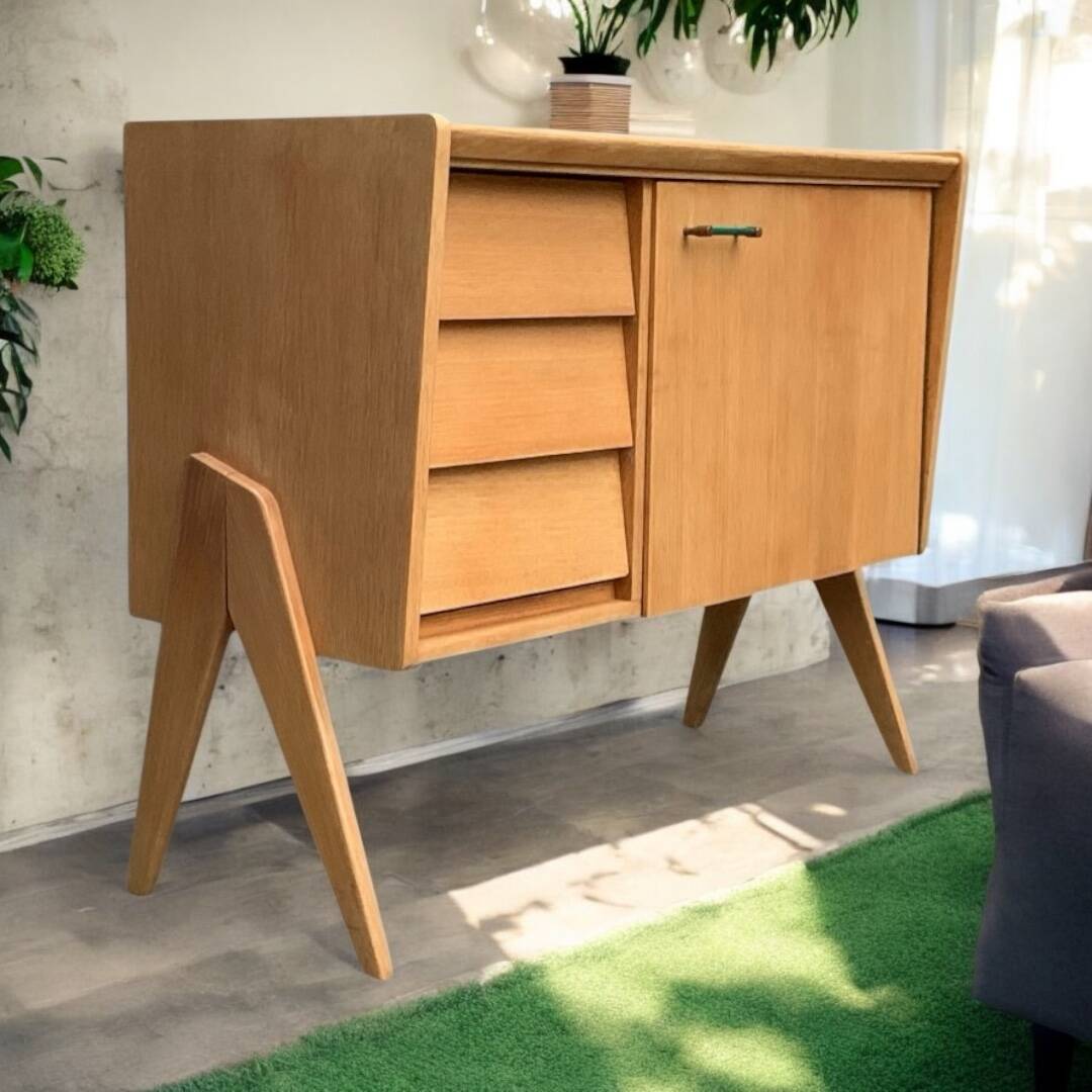 Vintage chest of drawers with compass legs, light oak, 1960s