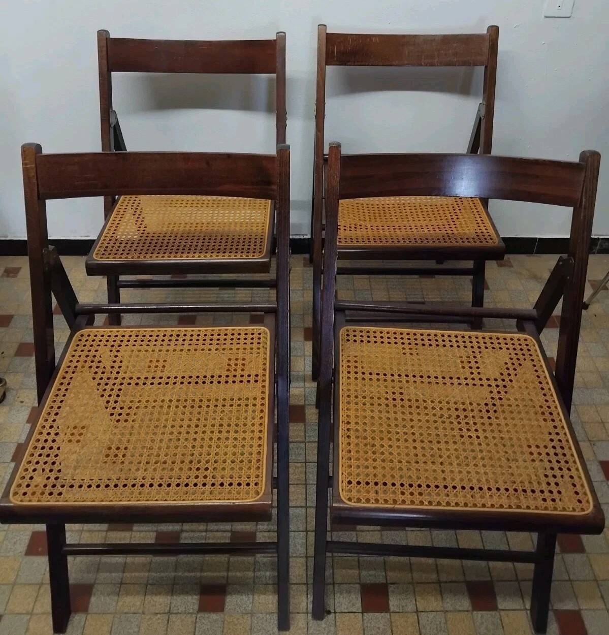Set of 4 vintage 1970s folding chairs in wood and caning