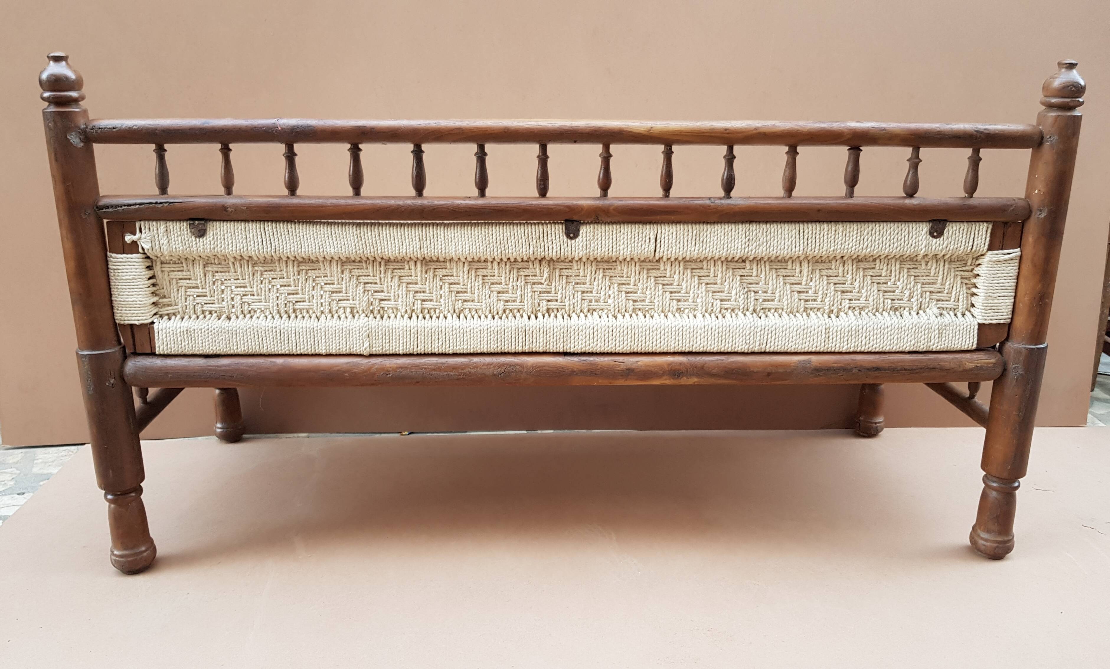 Natural burmese teak sofa and braided cotton seat & backsplash