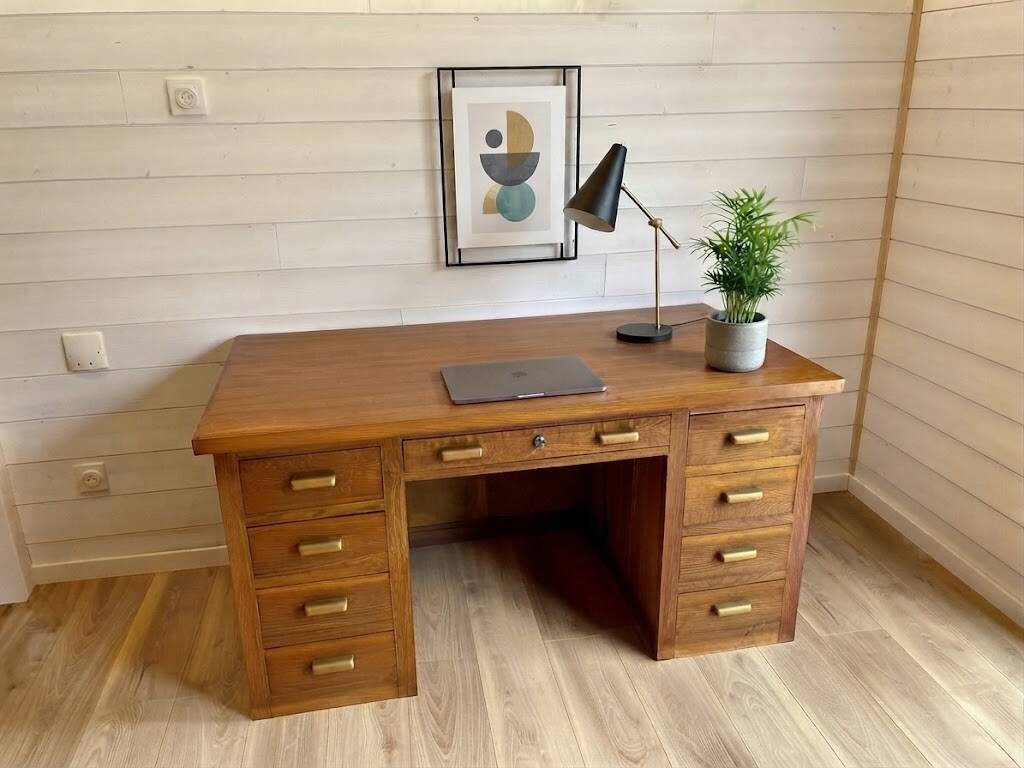 Bureau de ministre vintage double caisson en chêne – Milieu de pièce