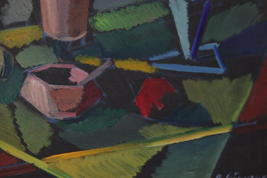 Original mid-century Swedish oil on canvas – “Kubisk Still Life” by Bror Göransson – vintage & framed – 75 × 64 cm (29.5" × 25.2")