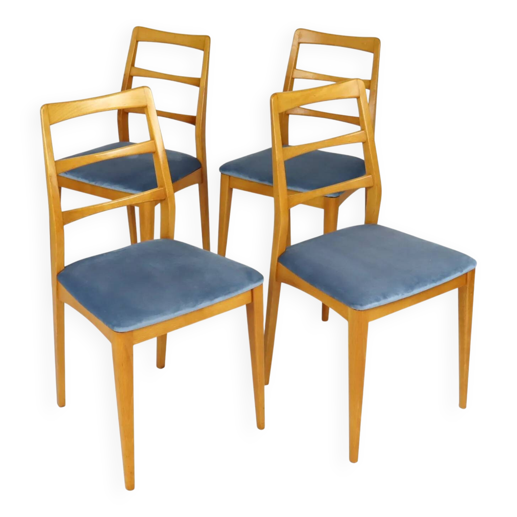 Set of four blue velvet Scandinavian chairs.