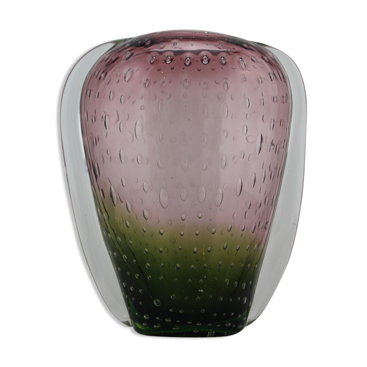 Biot bubble glass vase, doilies