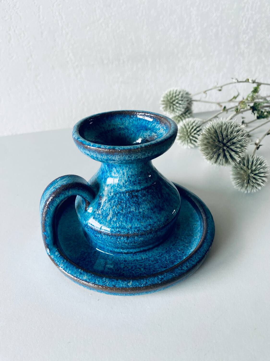 Candle holder in enamelled and signed stoneware
