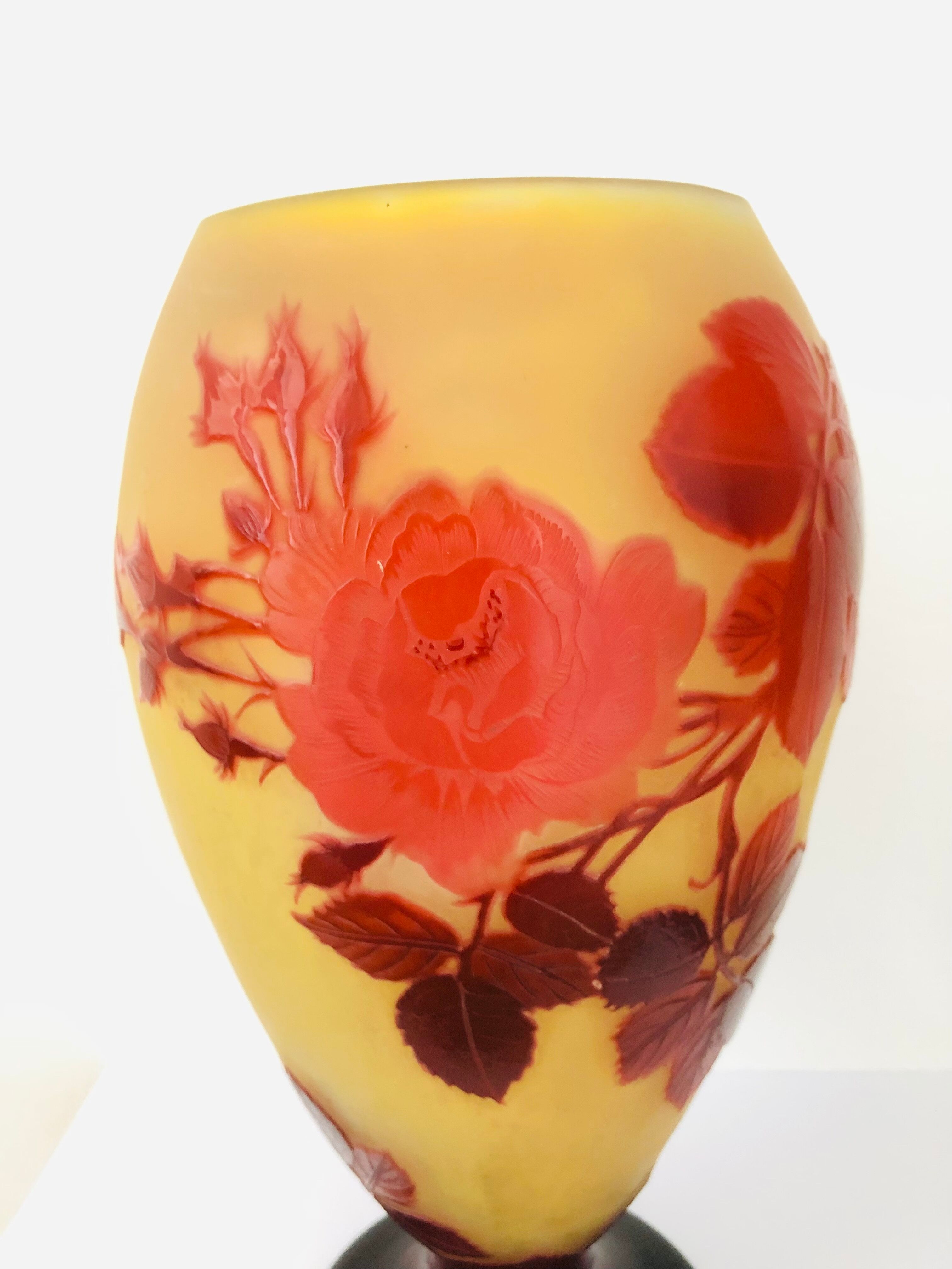 Gallé vase decorated with red roses