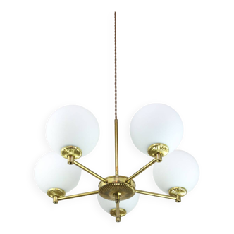 Mid-Century Italian Brass and Opaline Chandelier