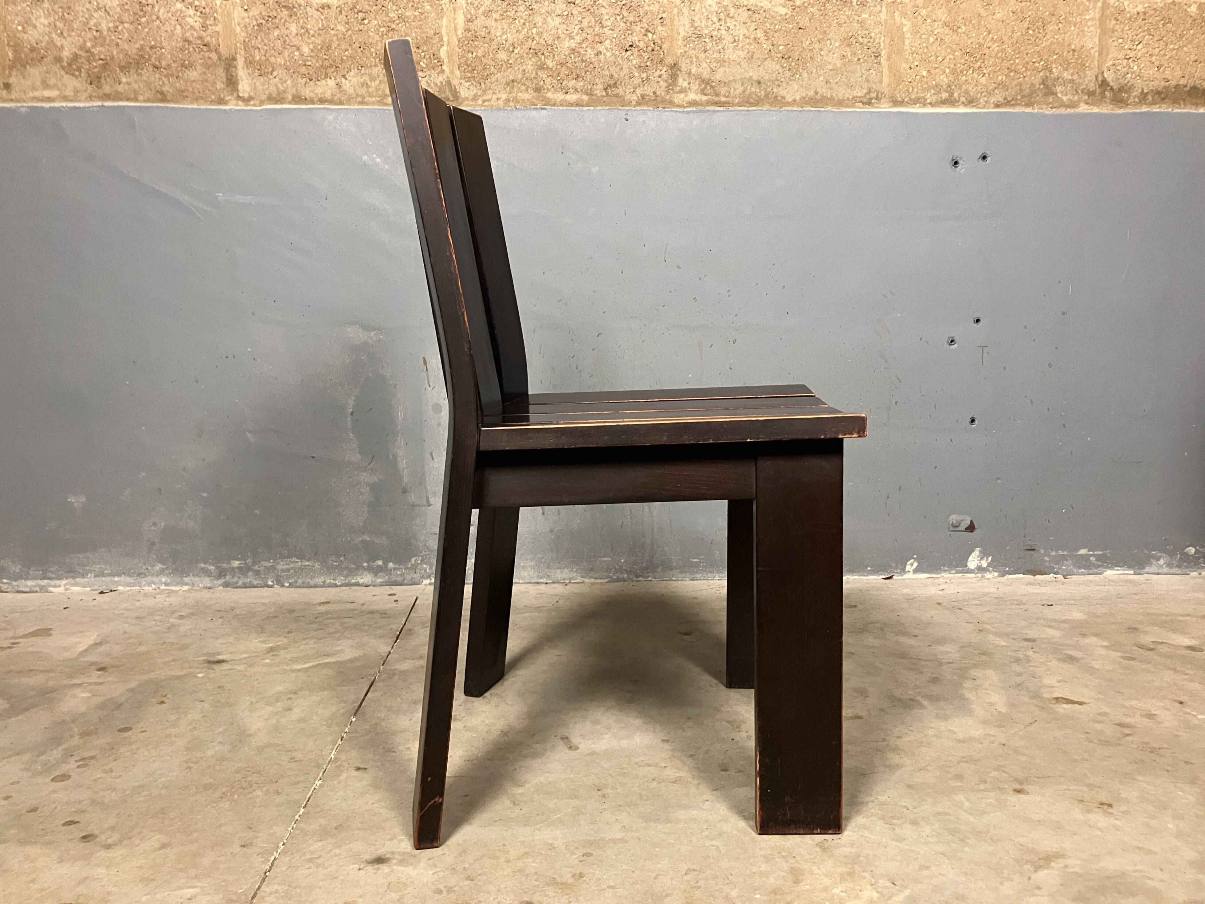 Chaises de salle à manger brutalistes et modernistes des années 70 en bois marron architectural