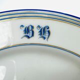 White and blue dessert plate with monogram BH