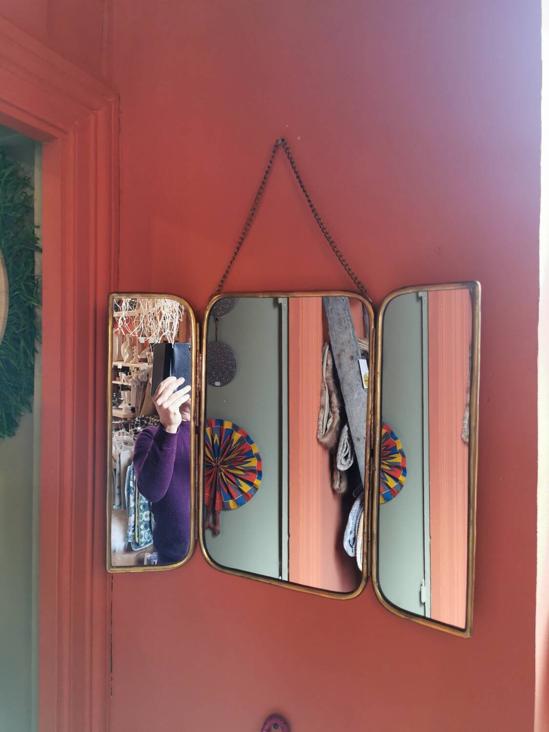 Solid brass triptych barber mirror