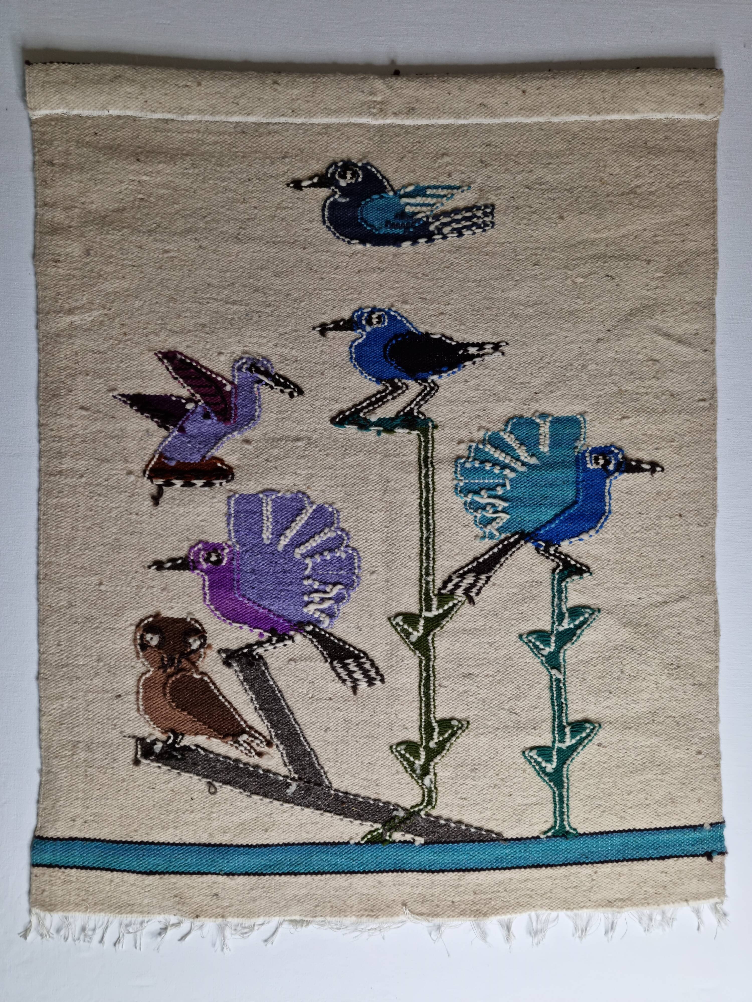 Handcrafted wall tapestry in dyed wool, bird decor, 67 cm by 84 cm